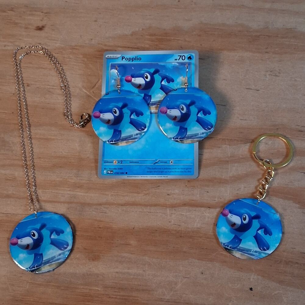 Handmade Poplio Jewelry Set Earrings Necklace Keychain Set Round Resin Blue Seal